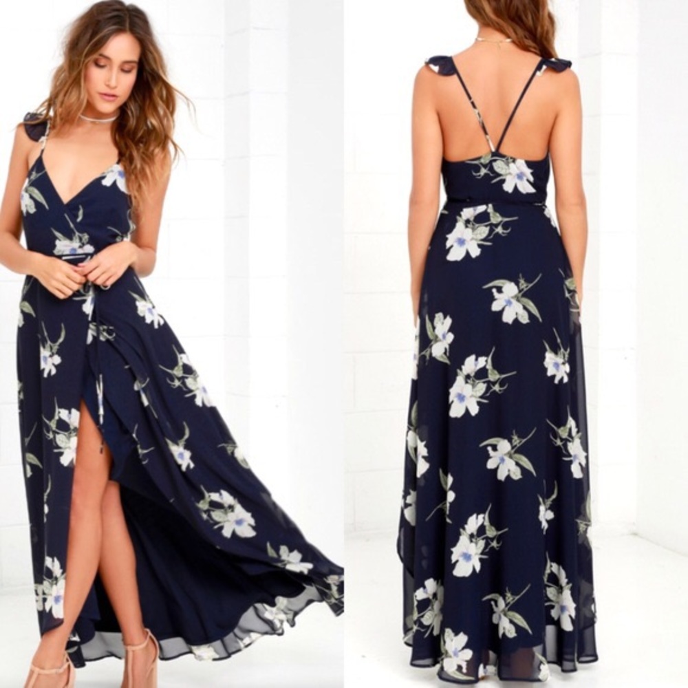 Navy Blue Floral Print High-Low Wrap Dress